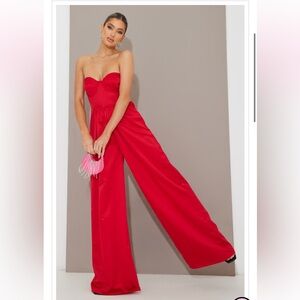PLT Size 4 Red Satin Bandeau Cup Detail Wide Leg Jumpsuit
